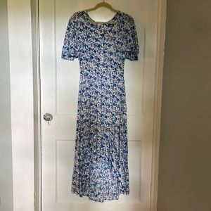SOLD - Blue floral maxi dress with slight hi-low hem, size large